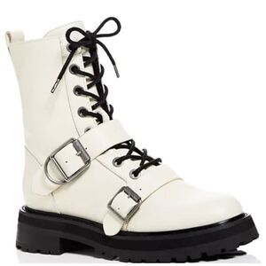 Dolce Vita Combat Boots Size 8 White Leather Round Toe Lace Up Buckle Detail NEW